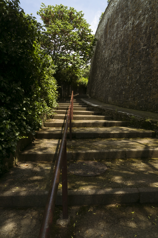 Un escalier ombragé montant vers le village d'Allauch.